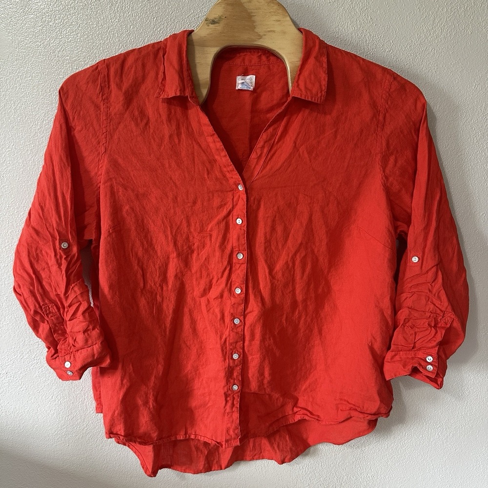 SIGRID OLSEN Women's Size 3X Coral Linen Button-Front Shirt Roll-Tab Sleeve